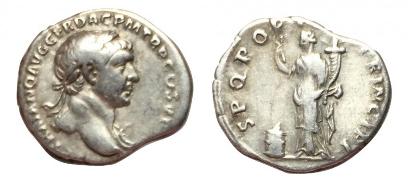 Trajan, 98 - 117 AD
Silver Denarius, Rome Mint, 20mm, 3.38 grams
Obverse: IMP ...