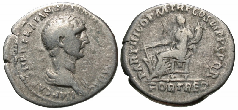 Trajan, 98 - 117 AD
Silver Denarius, Rome Mint, 20mm, 3.25 grams
Obverse: IMP ...