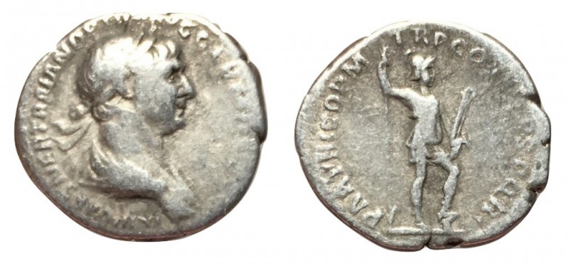 Trajan, 98 - 117 AD
Silver Denarius, Rome Mint, 19mm, 2.84 grams
Obverse: IMP ...