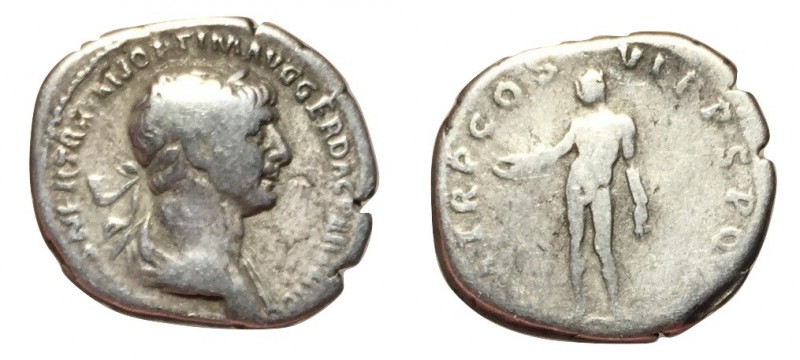 Trajan, 98 - 117 AD
Silver Denarius, Rome Mint, 19mm, 3.16 grams
Obverse: IMP ...