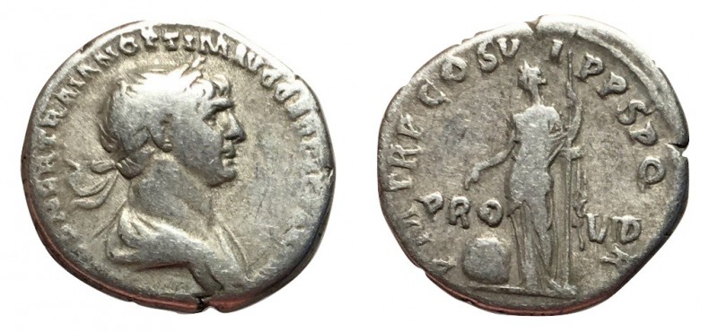 Trajan, 98 - 117 AD
Silver Denarius, Rome Mint, 19mm, 3.19 grams
Obverse: IMP ...