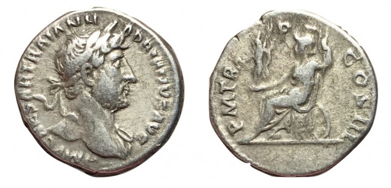 Hadrian, 117 - 138 AD
Silver Denarius, Rome Mint, 19mm, 3.48 grams
Obverse: IM...