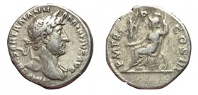 Hadrian, 117 - 138 AD, Silver Denarius, Roma Seated on Weapons