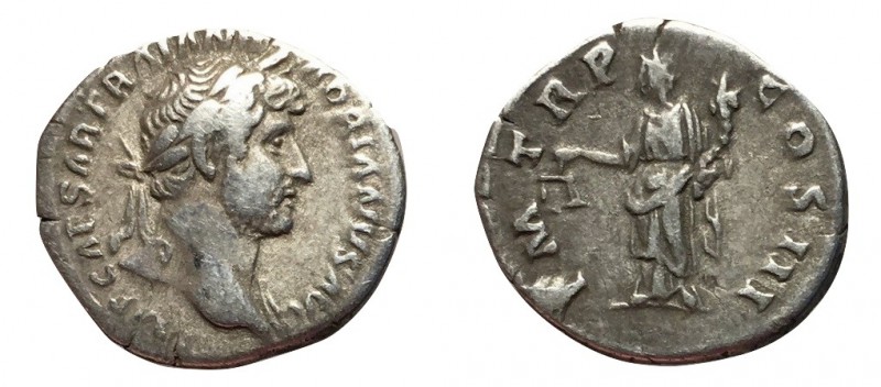 Hadrian, 117 - 138 AD
Silver Denarius, Rome Mint, 19mm, 2.66 grams
Obverse: IM...