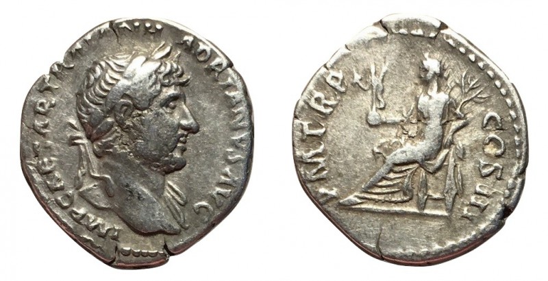 Hadrian, 117 - 138 AD
Silver Denarius, Rome Mint, 20mm, 3.23 grams
Obverse: IM...