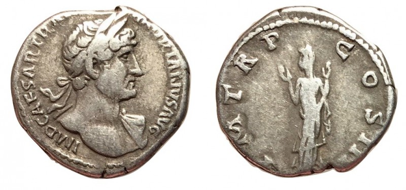 Hadrian, 117 - 138 AD
Silver Denarius, Rome Mint, 19mm, 3.35 grams
Obverse: IM...