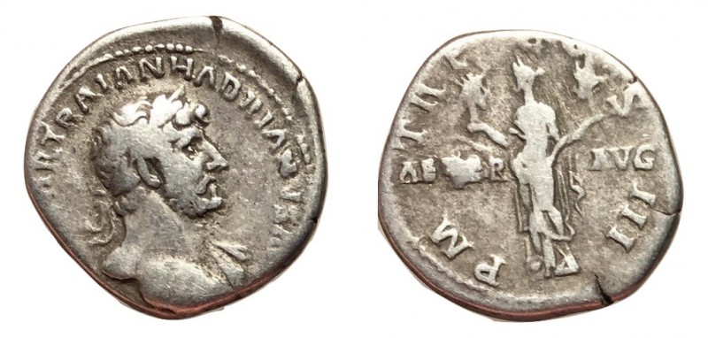 Hadrian, 117 - 138 AD
Silver Denarius, Rome Mint, 19mm, 3.18 grams
Obverse: IM...