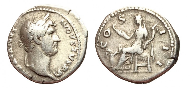 Hadrian, 117 - 138 AD
Silver Denarius, Rome Mint, 19mm, 3.31 grams
Obverse: HA...