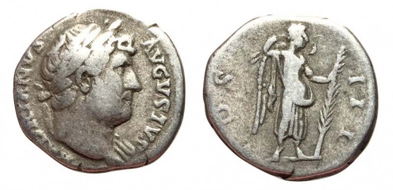 Hadrian, 117 - 138 AD
Silver Denarius, Rome Mint, 18mm, 3.15 grams
Obverse: HA...