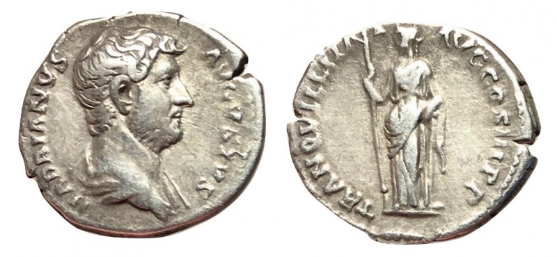 Hadrian, 117 - 138 AD
Silver Denarius, Rome Mint, 20mm, 3.05 grams
Obverse: HA...
