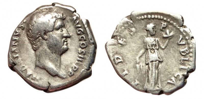 Hadrian, 117 - 138 AD
Silver Denarius, Rome Mint, 19mm, 3.15 grams
Obverse: HA...
