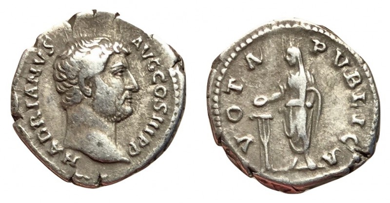 Hadrian, 117 - 138 AD
Silver Denarius, Rome Mint, 19mm, 3.24 grams
Obverse: HA...