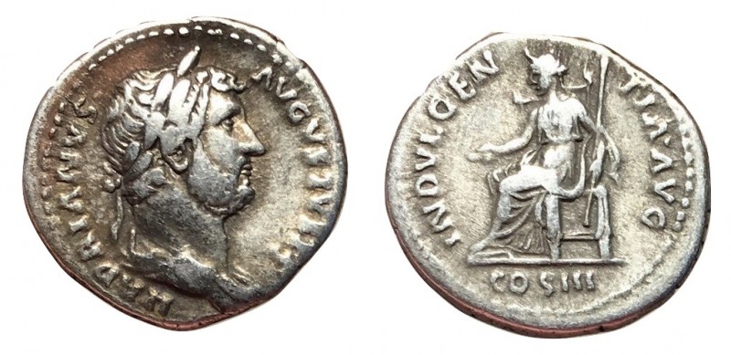 Hadrian, 117 - 138 AD
Silver Denarius, Rome Mint, 19mm, 3.01 grams
Obverse: HA...