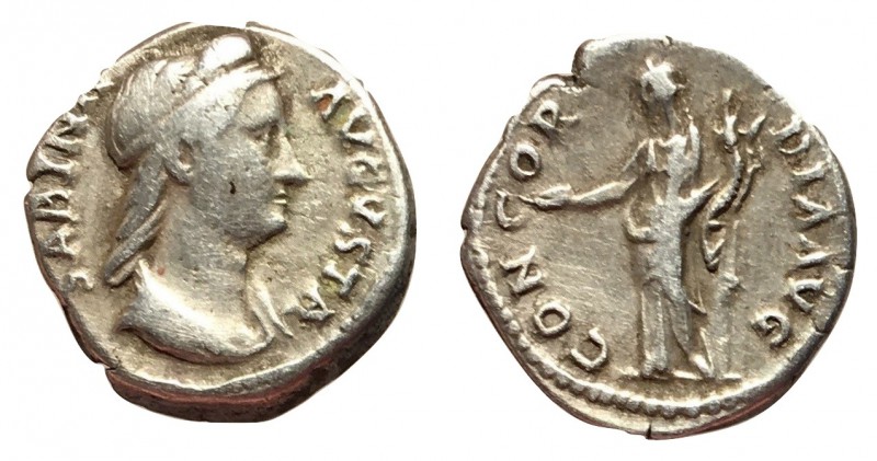 Sabina, 128 - 137 AD
Silver Denarius, Rome Mint, 18mm, 3.60 grams
Obverse: SAB...