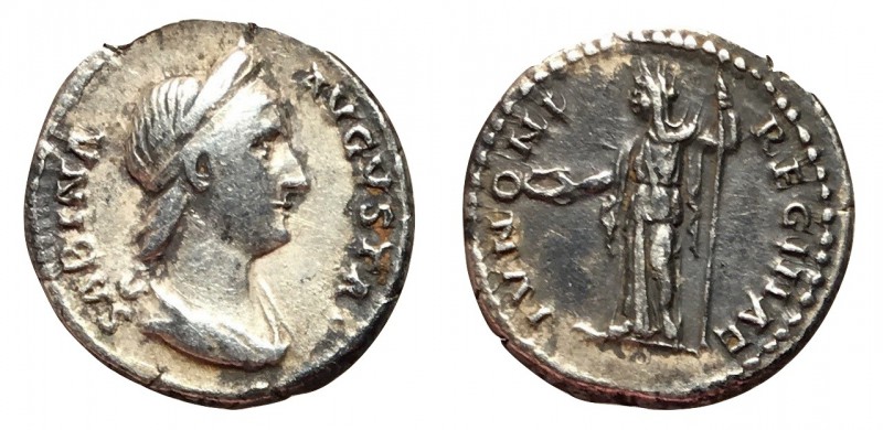 Sabina, 128 - 137 AD
Silver Denarius, Rome Mint, 18mm, 3.18 grams
Obverse: SAB...