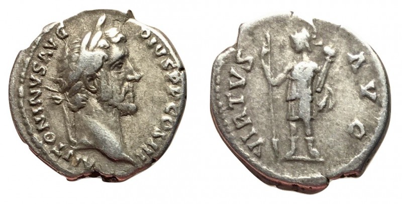 Antoninus Pius, 138 - 161 AD
Silver Denarius, Rome Mint, 19mm, 3.31 grams
Obve...