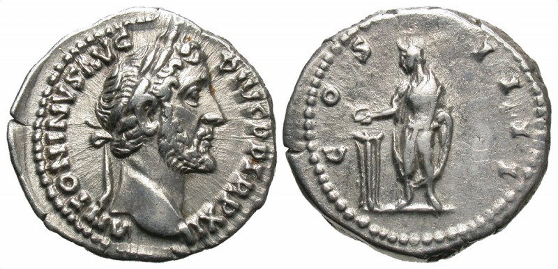 Antoninus Pius, 138 - 161 AD
Silver Denarius, Rome Mint, 19mm, 3.18 grrams
Obv...