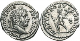 Caracalla, 198 - 217 AD, Silver Denarius, Mars, Nice EF