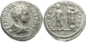 Geta, as Caesar, 198 - 209 AD, Silver Denarius, Geta with Trophy