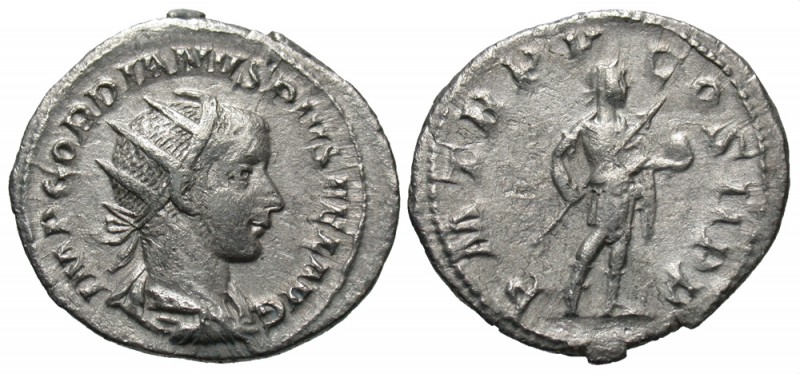 Gordian III, 238 - 244 AD
Silver Antoninianus, Rome Mint, 23mm, 3.79 grams
Obv...