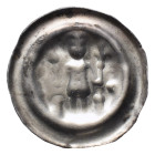 Anhalt, Heinrich I. 1212-1244, Brakteat, Aschersleben, Wegeleben oder Köthen. 0,62 g. Fürst steht von vorne mit Kugelstab und Lilienzepter zwischen zw...