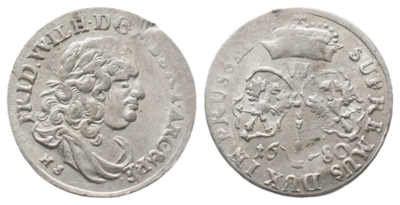 Brandenburg Preußen, Friedrich Wilhelm 1640-1688, 6 Gröscher 1680, Königsberg. 3...