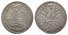 Brandenburg Preußen, Friedrich Wilhelm 1640-1688, 18 Gröscher 1680, Königsberg. 6,37 g. v. Schr. 1643 var. Sehr schön-vorzüglich