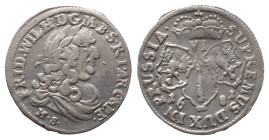 Brandenburg Preußen, Friedrich Wilhelm 1640-1688, 6 Gröscher 1681, Königsberg. 3,13 g. v. Schr. 1781. Winz. Schrötlingsfehler am Rand, sehr schön-vorz...