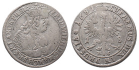 Brandenburg Preußen, Friedrich Wilhelm 1640-1688, 18 Gröscher 1681, Königsberg. 6,07 g. v. Schr. 1648 var. Sehr schön
