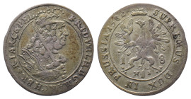 Brandenburg Preußen, Friedrich Wilhelm 1640-1688, 18 Gröscher 1682, Königsberg. 6,00 g. v. Schr. 1656. Kl. Zainende, sehr schön