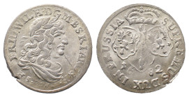 Brandenburg Preußen, Friedrich Wilhelm 1640-1688, 6 Gröscher 1682, Königsberg. 3,52 g. v. Schr. 1794 var. Kl. Schrötlingsfehler am Rand, vorzüglich...