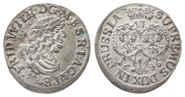 Brandenburg Preußen, Friedrich Wilhelm 1640-1688, 6 Gröscher 1686, Königsberg. 3,49 g. v. Schr. 1856. Prachtexemplar. Fast Stempelglanz