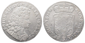 Brandenburg Preußen, Friedrich III. 1688-1701, 2/3 Taler 1689, Magdeburg. 17,61 g. v. Schr. 166; Dav. 273. Leicht justiert, sehr schön +