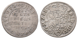 Brandenburg Preußen, Friedrich III. 1688-1701, 1/12 Taler 1692, Emmerich. 3,41 g. v. Schr. 616. Sehr schön