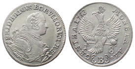 Brandenburg Preußen, Friedrich II. 1740-1786, 18 Gröscher 1753, Breslau. 5,69 g. Olding 293a. Sehr selten, besonders in diese Erhaltung. Vorzüglich