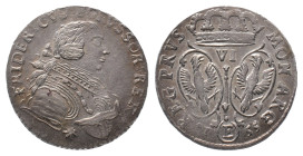 Brandenburg Preußen, Friedrich II. 1740-1786, 6 Gröscher 1755, Königsberg. 3,05 g. v. Schr. 1058; Olding 206c. Prachtexemplar. Vorzüglich +