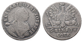 Brandenburg Preußen, Friedrich II. 1740-1786, Ostpreußen unter russischer Besatzung, 1/6 Taler 1761, Königsberg. 3,68 g. Olding 452a; Bitkin 683. Fast...