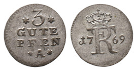 Brandenburg Preußen, Friedrich II. 1740-1786, 3 Gute Pfennig 1769, Berlin. 0,80 g. Olding 150. Fast vorzüglich