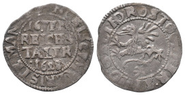 Rostock, Stadt, 1/16 Taler 1628. 2,90 g. Kunzel 145 A/a. Kl. Schrötlingsfehler, sehr schön