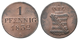 Sachsen, Anton 1827-1836, Pfennig 1832, Dresden. 1,71 g. AKS 80; J. 46. Prachtexemplar. Vorzüglich-Stempelglanz