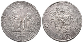 Sachsen Weimar, Friedrich Wilhelm und Johann, 1573-1603, Reichstaler 1574, Saalfeld. 29,25 g. Dav. 9766; Schnee 231. Winz. Schrötlingsfehler am Rand, ...