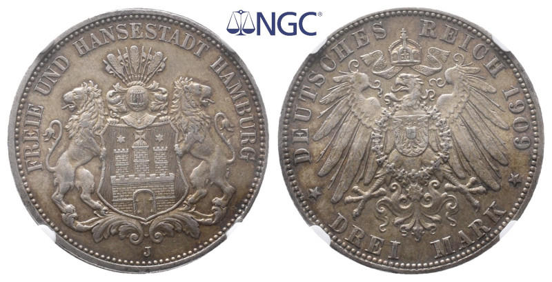 Hamburg, freie Hansestadt, 3 Mark 1909. J. 64. Vorzüglich. Im NGC Plastikholder ...