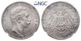 Preußen, Wilhelm II. 1888-1918, 3 Mark 1908. J. 103. Prachtexemplar. Fast Stempelglanz. Im NGC Plastikholder mit der Bewertung MS 63 (5789367-016)