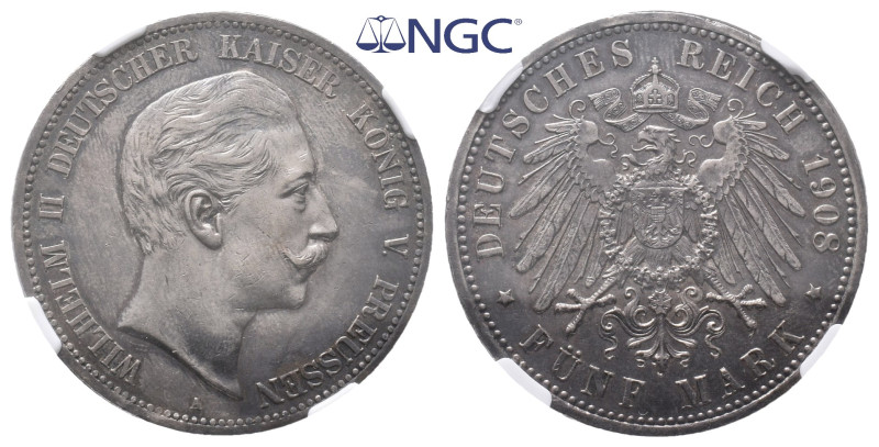 Preußen, Wilhelm II. 1888-1918, 5 Mark 1908. J. 104. Vorzüglich. Im NGC Plastikh...