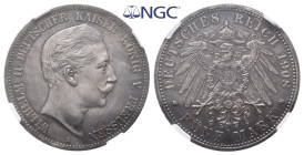 Preußen, Wilhelm II. 1888-1918, 5 Mark 1908. J. 104. Vorzüglich. Im NGC Plastikholder mit der Bewertung AU 55 (5779103-006)
