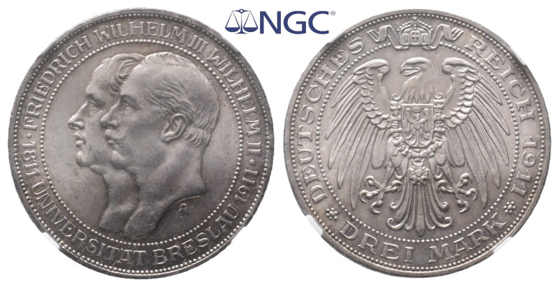 Preußen, Wilhelm II. 1888-1918, 3 Mark 1911. Universität Breslau J. 108. Prachte...