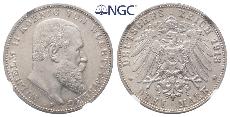 Württemberg, Wilhelm II. 1891-1918, 3 Mark 1913. J. 175. Vorzüglich. Im NGC Plas...