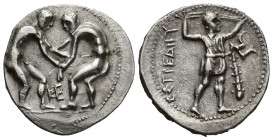 PAMPHYLIA. Aspendos. Stater (Circa 420-370 BC). (24.6mm, 10.2 g) Obv: Two wrestlers grappling. Control: KE between. Rev: EΣTFEΔIIY. Slinger in throwin...