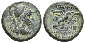 Phrygia. Apameia. ΑΝΔΡΟΝΙΚΟΣ ΑΛΚΙΟΥ, magistrate circa 133-48 BC. Bronze Æ (23mm, 10 g). Helmeted bust of Athena right, wearing aegis / [ΑΠΑΜΕΩΝ], eagl...