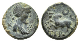 Pisidia. Termessos Major circa 100-0 BC. Bronze Æ (12mm, 2.1 g). Laureate, and draped bust right, star (Artemis ?) / Humped bull jumping left, TEP bel...